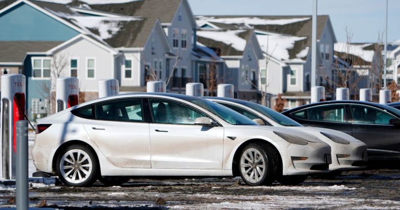 Tesla vehicles at a Tesla supercharging location in Denver