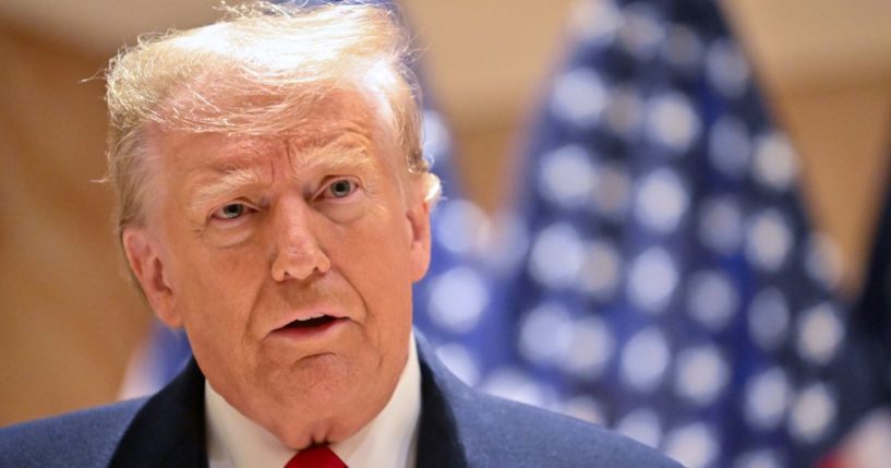 Former President Donald Trump speaks at a press conference at 40 Wall Street in New York City on Monday after leaving the second day of his defamation trial involving E. Jean Carroll.