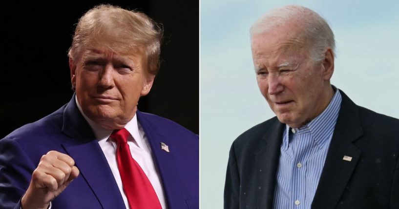 At left, Republican presidential candidate and former President Donald Trump gestures during a campaign rally at the Reno-Sparks Convention Center in Reno, Nevada, on Dec. 17. At right, President Joe Biden steps off Air Force One upon arrival at Henry E. Rohlsen Airport in Christiansted, St. Croix, in the U.S. Virgin Islands, on Wednesday.