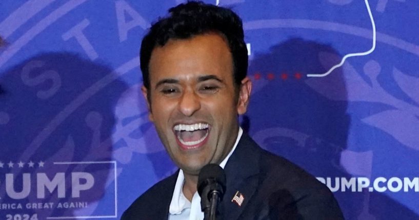 Former Republican presidential candidate Vivek Ramaswamy speaks during a campaign rally for former President Donald Trump in Atkinson, New Hampshire, on Tuesday.