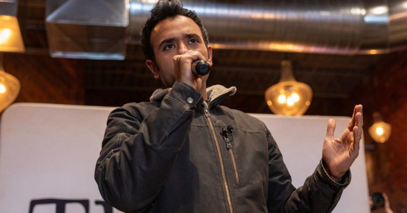 Then-Republican presidential hopeful Vivek Ramaswamy speaks to attendees during a campaign stop in Ames, Iowa, on Sunday.