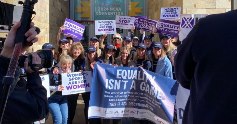 Riley Gaines and current and former NCAA athletes rally for keeping women’s sports separate from men at the NCAA Convention in Phoenix on Thursday.