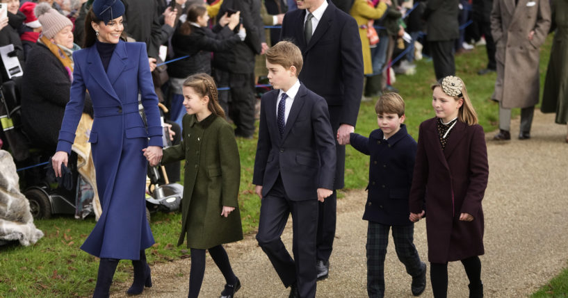 From left to right, Kate, Princess of Wales, Princess Charlotte, Prince George, William, Prince of Wales, Prince Louis, and Mia Tindall arrive at St. Mary Magdalene Church in Norfolk, England, on Dec. 25, to attend the Christmas Day service.