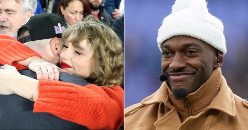 Pop star Taylor Swift embraces Kansas City Chiefs tight end Travis Kelce on Jan. 28 after the Chiefs' win over the Baltimore Ravens in the AFC Championship. Right, ESPN and former NFL quarterback Robert Griffin III is all smiles before the Raven-Chiefs game.