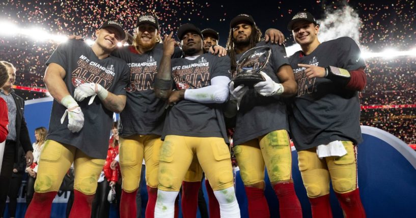 From left, Christian McCaffrey, George Kittle, Deebo Samuel, Trent Williams, Fred Warner and Brock Purdy of the San Francisco 49ers celebrate their victory over the Detroit Lions in the NFC championship game at Levi's Stadium in Santa Clara, California, on Jan. 28.