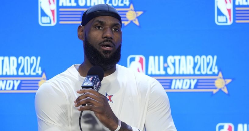 LeBron James speaking at a news conference