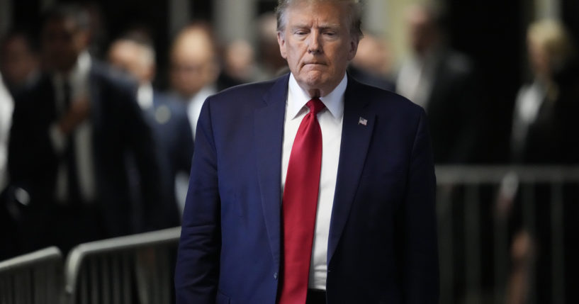 Former President Donald Trump leaves Manhattan criminal court in New York City on Feb. 15.