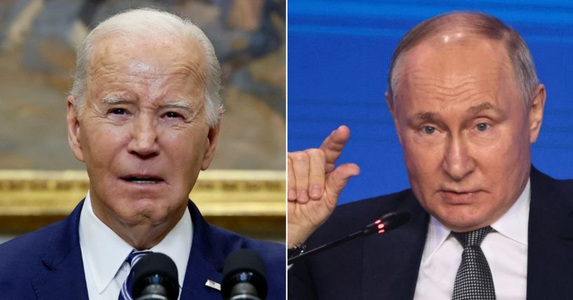 At left, President Joe Biden speaks in the Roosevelt Room of the White House in Washington on Friday. At right, Russian President Vladimir Putin gestures during the Forum of Future Technologies in Moscow on Wednesday.