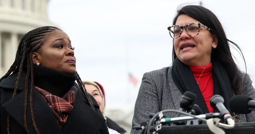 Democratic Reps. Cori Bush, left, and Rashida Tlaib speak at a news conference on the Israel-Hamas war outside of the U.S. Capitol in Washington on Dec. 7.