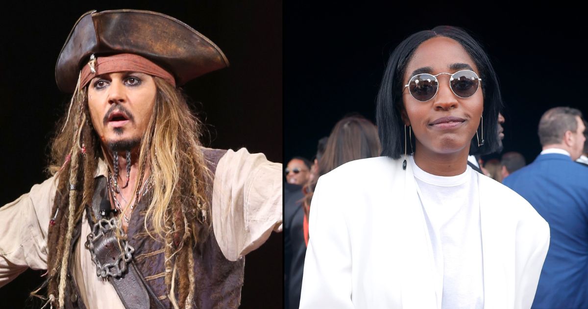 (L) Actor Johnny Depp, dressed as Captain Jack Sparrow, takes part in a presentation at Disney's D23 EXPO 2015 in Anaheim, California. (R) Ayo Edebiri attends the 29th Annual Critics Choice Awards at Barker Hangar on January 14, 2024 in Santa Monica, California.