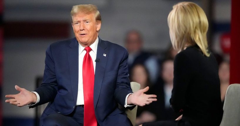 Donald Trump speaking during a town hall in Greenville, South Carolina, with moderator Laura Ingraham