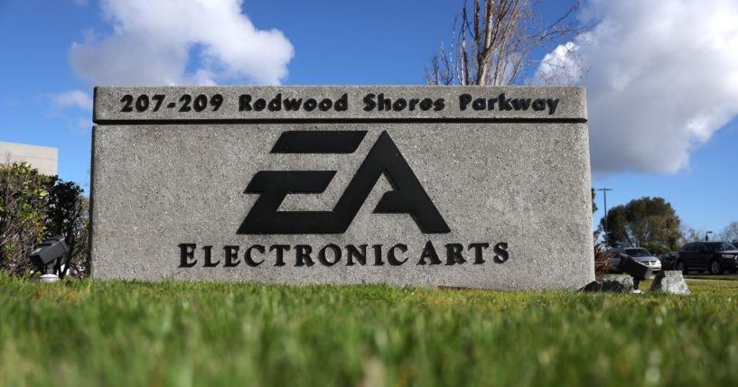 The sign posted outside of the Electronic Arts headquarters on March 30, 2023.