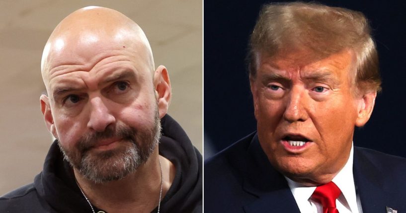 Sen. John Fetterman of Pennsylvania, left, has a warning for his fellow Democrats regarding former President Donald Trump, right.