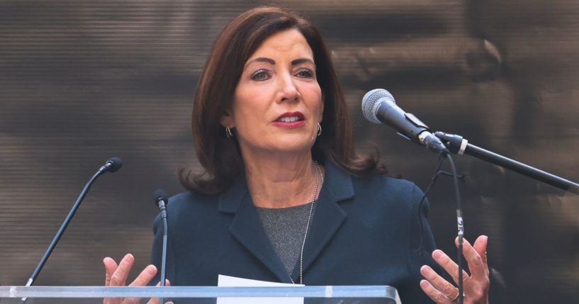 New York Gov. Kathy Hochul speaks at Dag Hammarskjold Plaza near the United Nations' headquarters in New York City on Jan. 12.