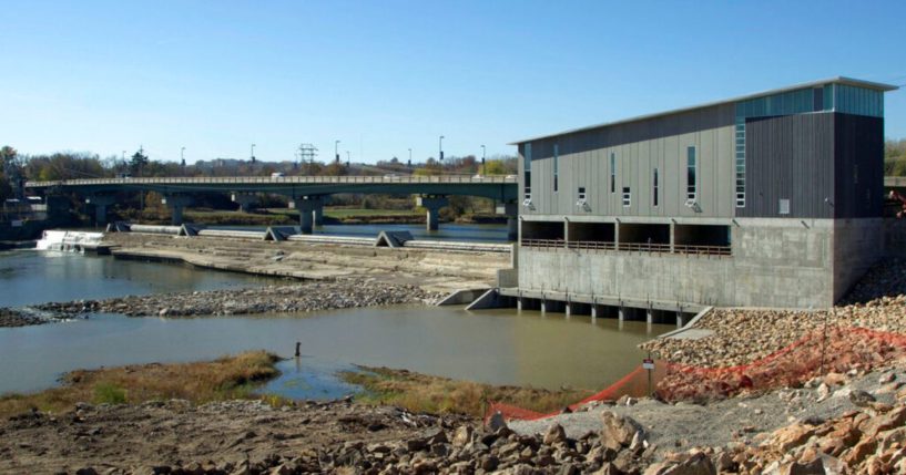 Bowersock's hydroelectric power plant along the Kansas River is shown. The plant opened in 2012.