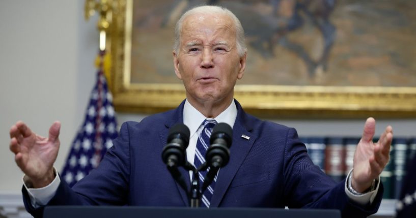 President Joe Biden speaks in the Roosevelt Room of the White House in Washington on Friday.