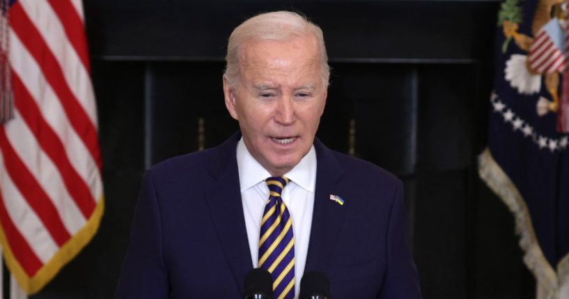 Joe Biden delivers remarks on the Emergency National Security Supplemental Appropriations Act in the State Dining Room of the White House