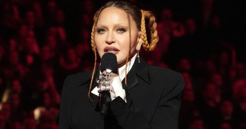 Madonna speaks onstage during the 65th GRAMMY Awards in Los Angeles, California, on Feb. 5, 2023.