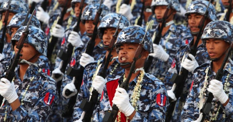 Military officers march during a parade to commemorate Myanmar's 78th Armed Forces Day in Naypyitaw, Myanmar, on March 27.