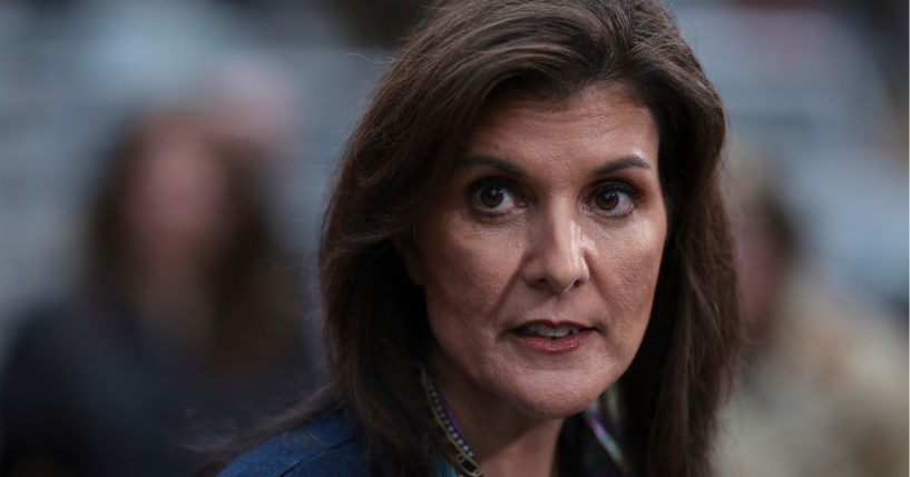 Republican presidential candidate Nikki Haley speaks during a media availability before a campaign event in Irmo, South Carolina, on Saturday.