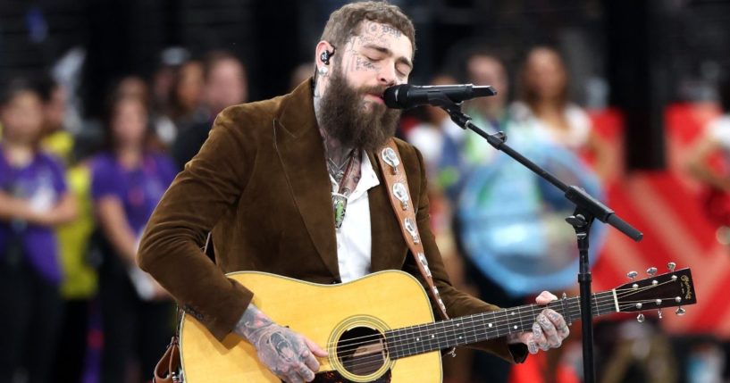 Post Malone performs “America the Beautiful” during the Super Bowl LVIII pregame in Las Vegas on Sunday.