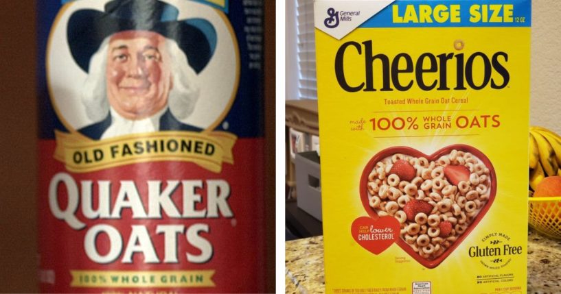 Boxes of Quaker Oats and Cheerios are shown.