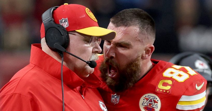 Travis Kelce of the Kansas City Chiefs screams at head coach Andy Reid in the first half of the Super Bowl against the San Francisco 49ers at Allegiant Stadium in Las Vegas on Sunday.