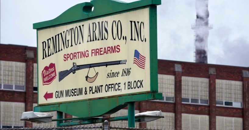 A sign for Remington Arms is displayed in front of their compound in Ilion, N.Y., Feb. 1, 2024. The nation’s oldest gun-maker is consolidating operations in Georgia and recently announced plans to shutter the Ilion factory in early March.