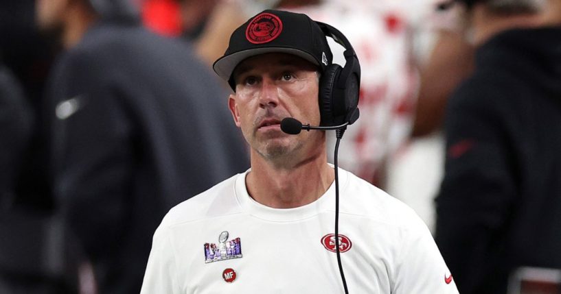 Head coach Kyle Shanahan of the San Francisco 49ers looks on in the first half of the Super Bowl against the Kansas City Chiefs at Allegiant Stadium in Las Vegas on Sunday.