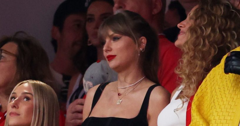 Taylor Swift reacts prior to Super Bowl LVIII between the San Francisco 49ers and Kansas City Chiefs in Las Vegas, Nevada, on Feb. 11.