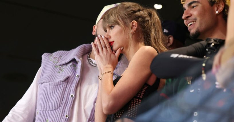 Taylor Swift reacts from her box at Super Bowl LVIII in Las Vegas, Nevada, on Sunday.