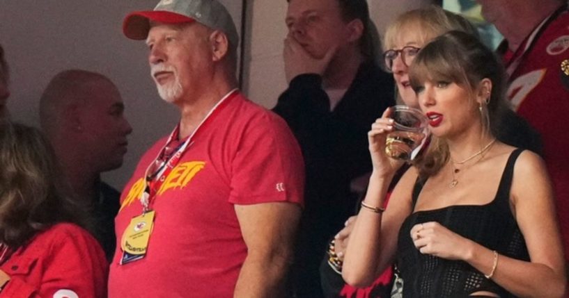 Taylor Swift watches the field before the NFL Super Bowl game between the San Francisco 49ers and the Kansas City Chiefs, Sunday, in Las Vegas.