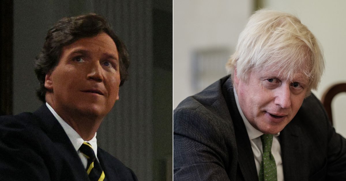 Former U.K. Prime Minister Boris Johnson, right, reportedly backed out of an interview with Tucker Carlson, left, after he allegedly asked for $1 million.