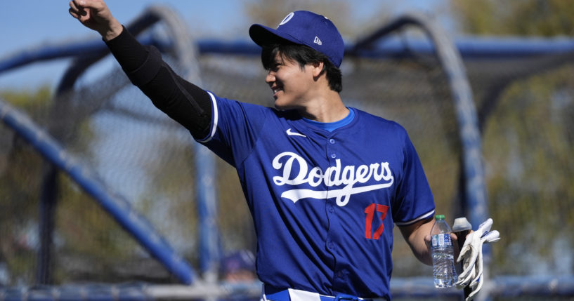 Los Angeles Dodgers designated hitter Shohei Ohtani participates in spring training baseball workouts at Camelback Ranch in Phoenix, Arizona, Feb. 16.