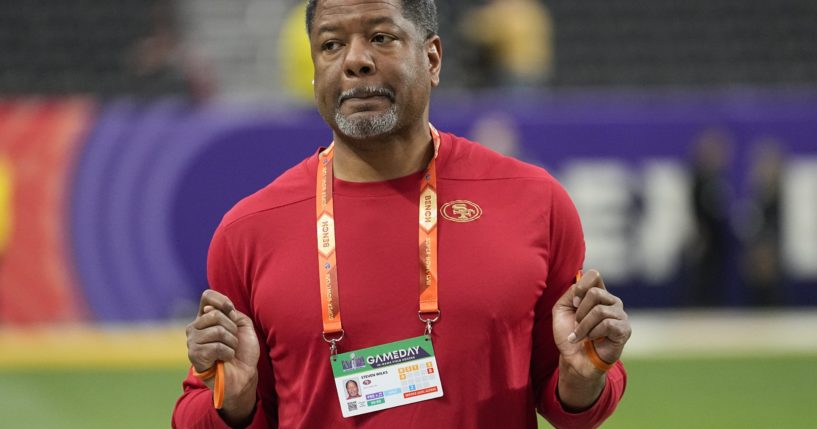 San Francisco 49ers then-defensive coordinator Steve Wilks walks onto the field before Super Bowl LVIII in Las Vegas, Nevada, on Sunday.