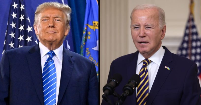 Former President Donald Trump stands on stage during a campaign event on Jan. 27 in Las Vegas. President Joe Biden delivers remarks at the White House on Tuesday in Washington, D.C.