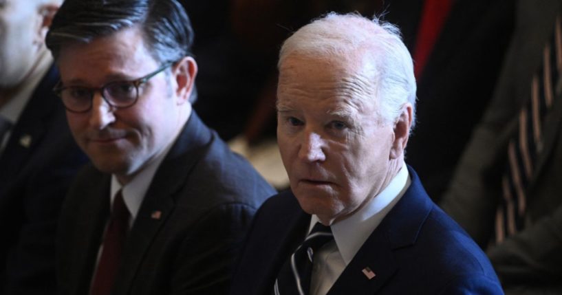 President Joe Biden, right, and Speaker of the House Mike Johnson attend an event at the U.S. Capitol in Washington, D.C., on Thursday.