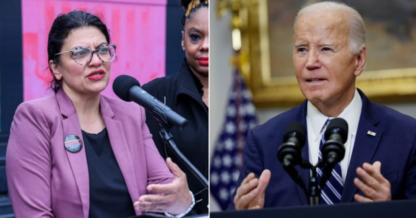 Michigan Democratic Rep. Rashida Tlaib, pictured left in a May file photo in Detroit, is mounting an indirect primary challenge to President Joe Biden, pictured right speaking at the White House on Friday.