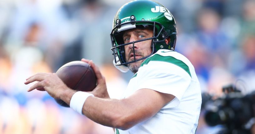 New York Jets quarterback Aaron Rodgers warms up prior to the game against the New York Giants in East Rutherford, New Jersey, on Aug. 26.