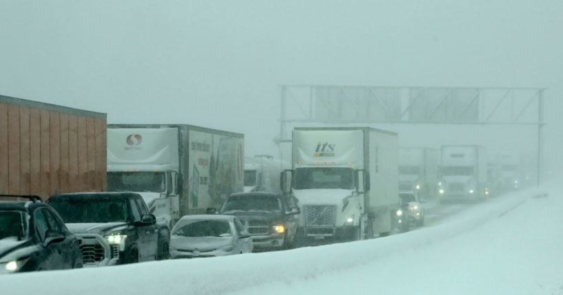 Westbound traffic is backed up Friday on I-80 near the Donner Pass exit in Truckee, California.