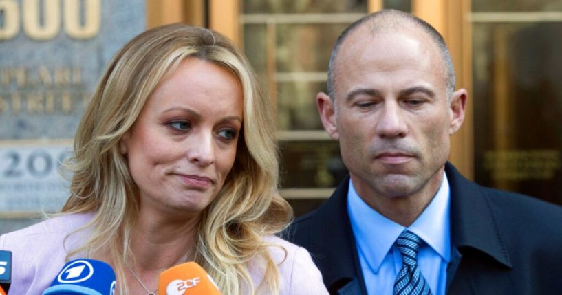 Stormy Daniels, left, stands with her lawyer Michael Avenatti outside federal court in New York, on April 16, 2018.