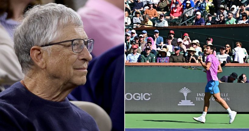 At right, Spain's Carlos Alcaraz makes his way off the court after a swarm of bees arrived during his men's quarterfinal tennis match against Germany's Alexander Zverev during the ATP-WTA Indian Wells Masters at the Indian Wells Tennis Garden in Indian Wells, California, on March 14. At left, Bill Gates is seen watching a match at Indian Wells on March 12.