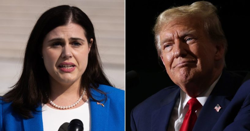 At left, Colorado Secretary of State Jena Griswold speaks to reporters outside the U.S. Supreme Court in Washington on Feb. 8. At right, Republican presidential candidate and former President Donald Trump speaks during a campaign event at Greensboro Coliseum in Greensboro, North Carolina, on March 2.