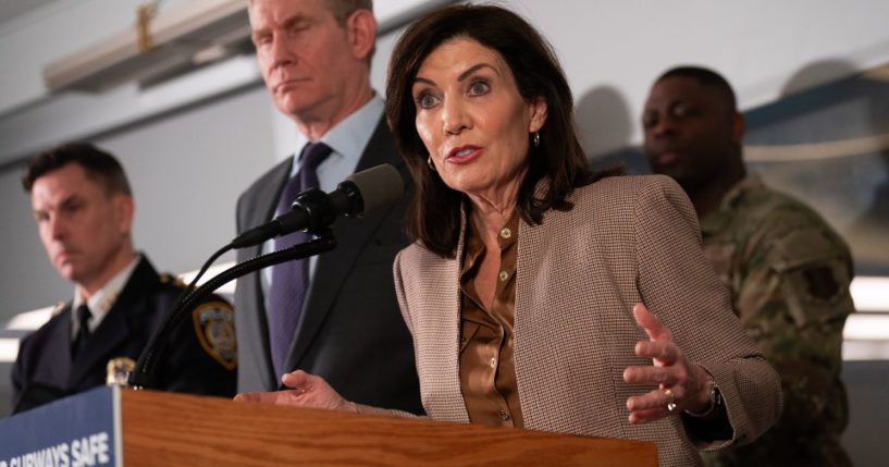 New York Democratic Gov. Kathy Hochul speaks during a news conference to announce new subway safety measures at NYCTA Rail Control Center - including the addition of the National Guard - in New York City on Tuesday.