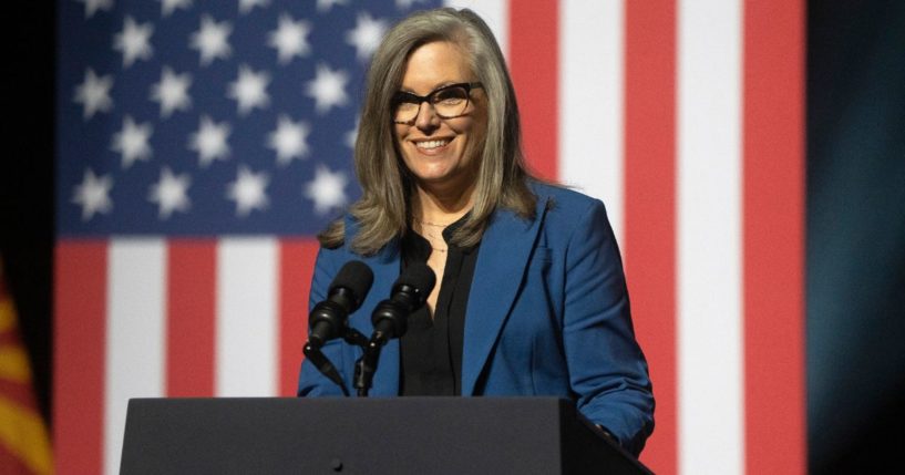 Arizona Gov. Katie Hobbs gives a brief speech prior to President Joe Biden's remarks at the Tempe Center for the Arts in Tempe on Sept. 28.