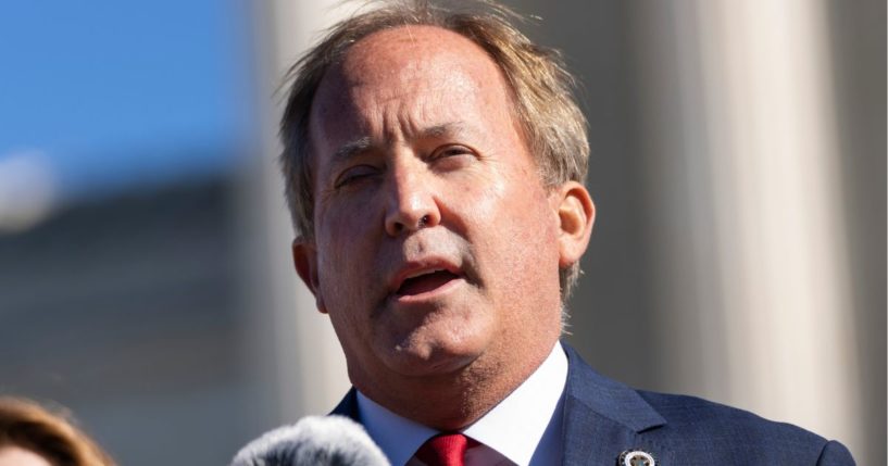 Texas Attorney General Ken Paxton speaks outside the U.S. Supreme Court in Washington, D.C., on Nov. 1, 2021.