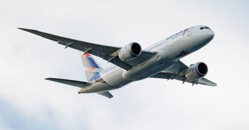 A LATAM airlines plane flies Nickerson Beach Park in Lido Beach, New York, on Sept. 4.