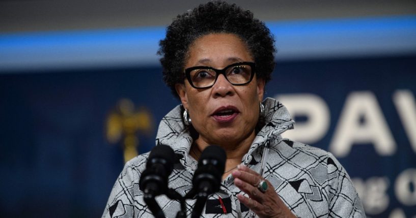 Housing and Urban Development Secretary Marcia Fudge speaks during the rollout of the Property Appraisals and Valuation Equity task force to combat racial and ethnic bias in property valuations at the White House in Washington, D.C., on March 23, 2022. On Monday, Fudge announced her resignation from her position in President Joe Biden's cabinet.