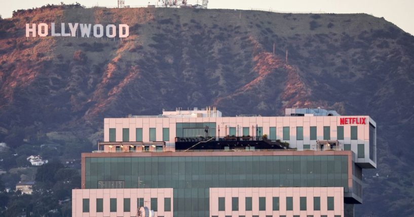 Netflix studios in Los Angeles, California, sitting in front of the Hollywood sign.