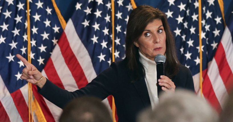 Nikki Haley speaking at a campaign event in Portland, Maine